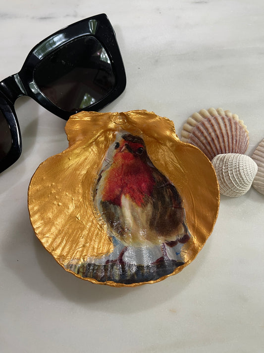 Decoupaged Sea Shell - golden Robin